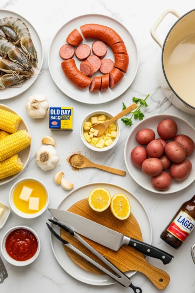 Easy Frogmore Stew Recipe One-Pot Lowcountry Boil in 50 Min 1 Flat lay showing all ingredients and essential tools for Frogmore Stew, arranged on a white marble countertop under natural light.