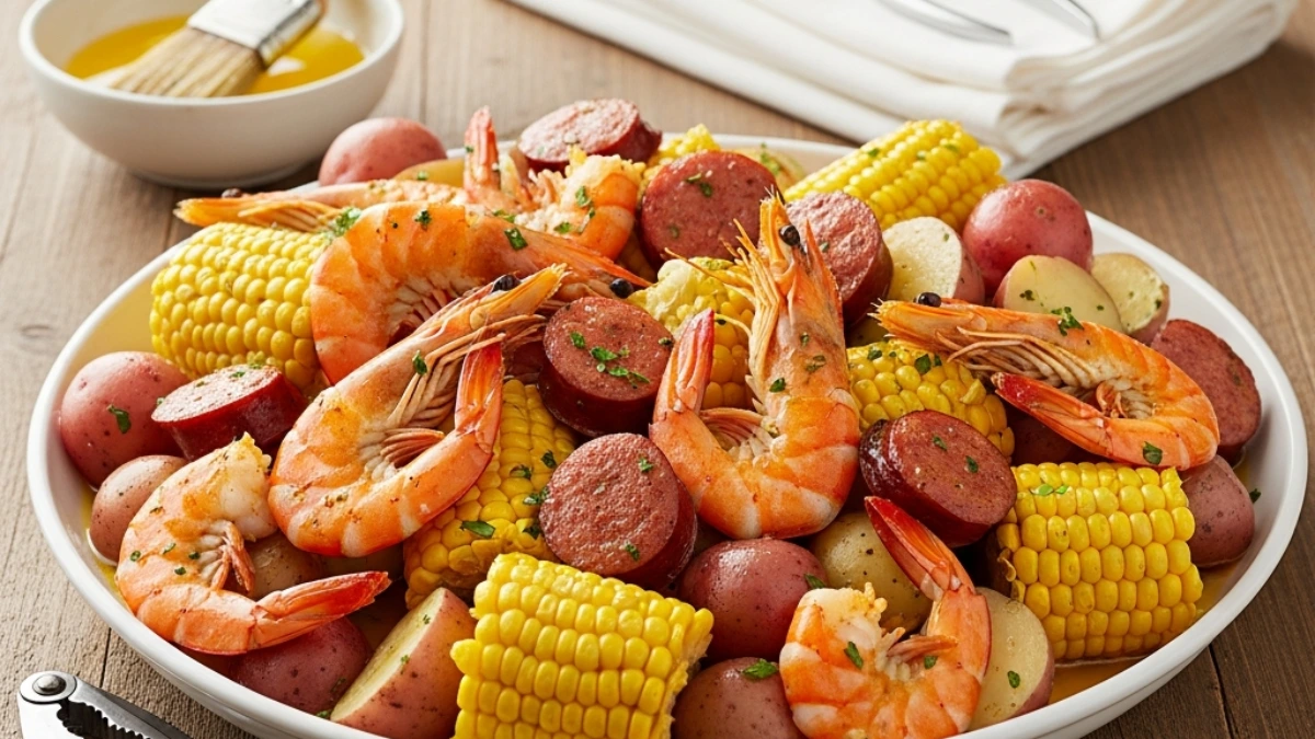 Vibrant Frogmore stew (Lowcountry boil) platter with succulent shrimp, smoky sausage, sweet corn on the cob, and tender red potatoes, served on a wooden table with melted butter and a cracker.