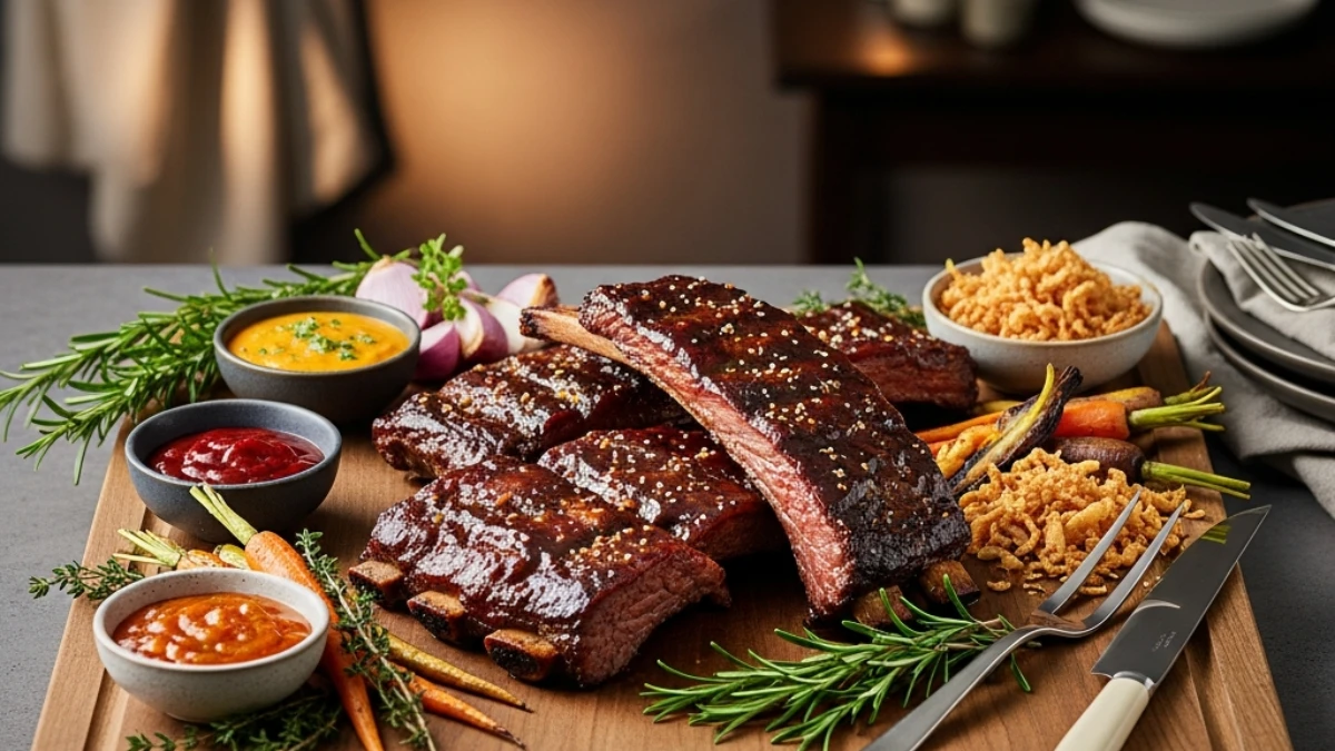 Glazed fall-off-the-bone beef ribs on a wooden board with sauces, roasted carrots, crispy onions, rosemary, carving fork and knife. Candlelit background.