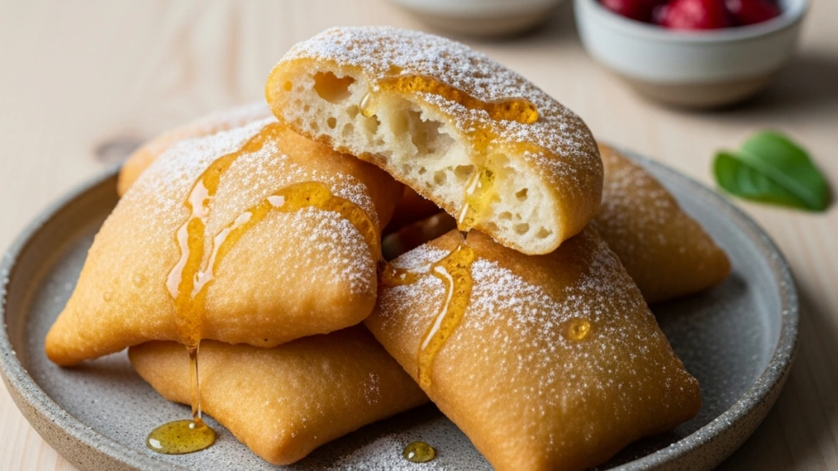 Fluffy golden fry bread (Native American food) stacked on a plate, generously drizzled with honey, sugar dust, and served with berries.
