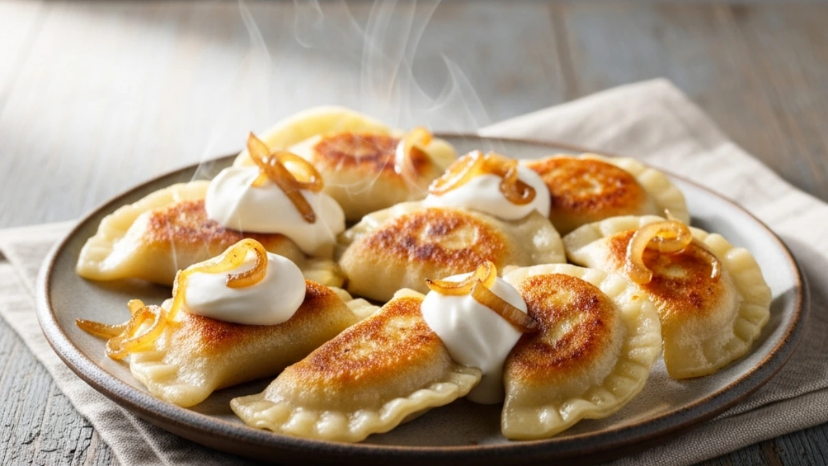 Steaming pan-fried pierogies, golden brown, with sour cream and caramelized onions, on a rustic wooden table. Authentic comfort food.