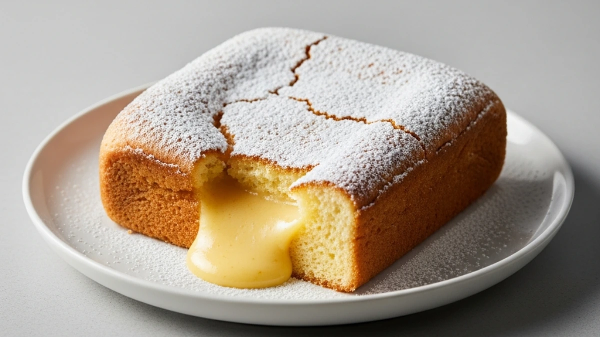 Close-up of St. Louis gooey butter cake dusted with powdered sugar, cut open to show the rich, golden, molten custard filling dripping onto the white plate.