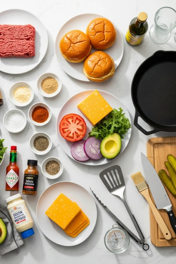 Juicy Bison Burger Recipe Ready in 30 Min (High-Protein) 1 Flat lay of bison burger ingredients: ground meat, brioche buns, cheddar, tomato, avocado, spices, sauces, and cooking tools arranged on marble countertop.