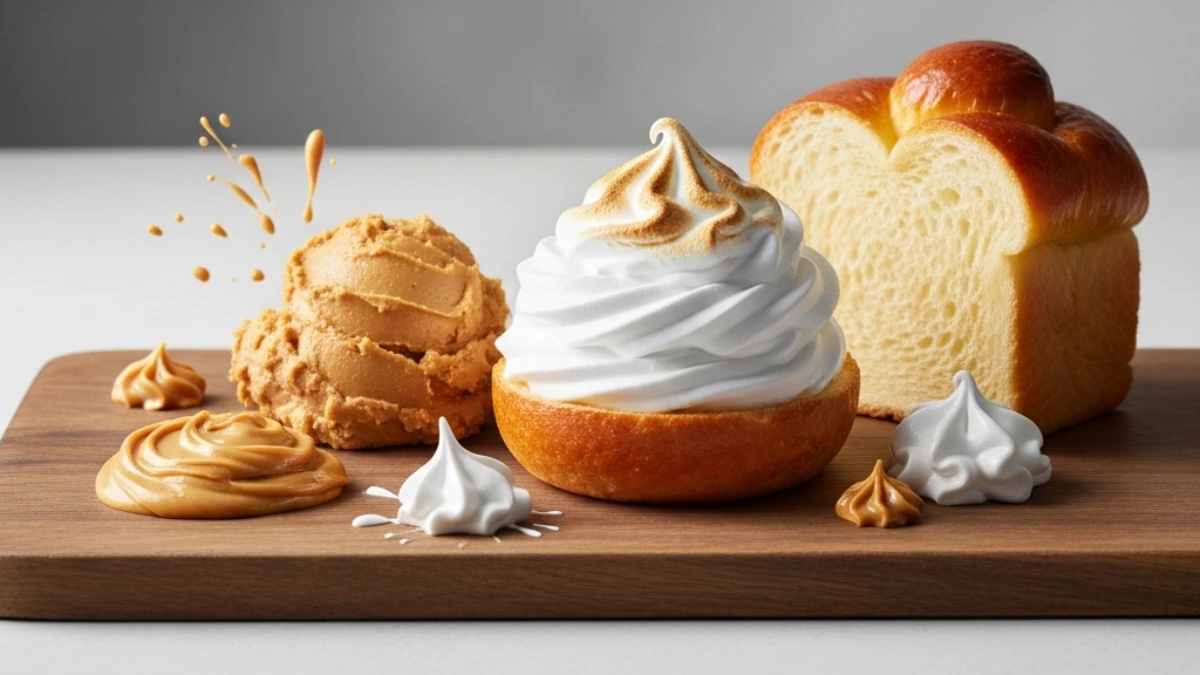 Gourmet fluffernutter components: creamy peanut butter, toasted marshmallow meringue, and golden brioche bread on a rustic board.