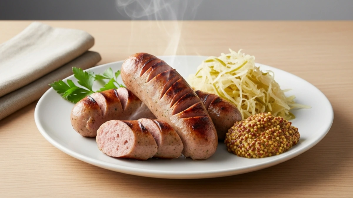 Hot grilled Bratwurst sausages, one sliced, served with steamed sauerkraut, whole grain mustard, and parsley garnish on a white plate.