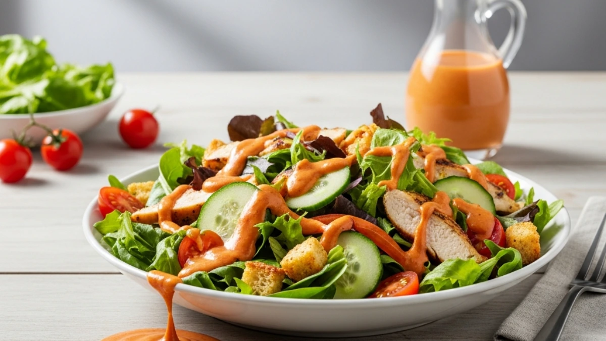 Grilled chicken salad generously drizzled with classic Dorothy Lynch dressing, fresh cucumber, tomatoes, and croutons on a white wooden table.