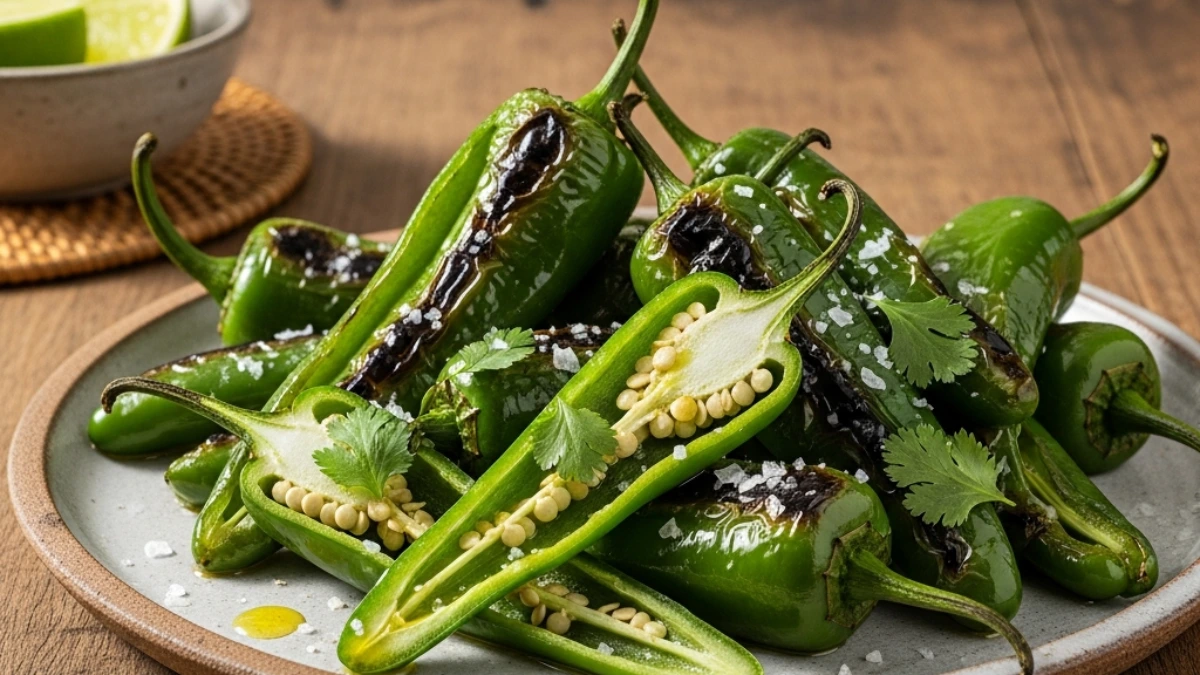 Grilled Hatch green chiles on a rustic plate, seasoned with coarse salt and fresh cilantro, with lime wedges in the background.