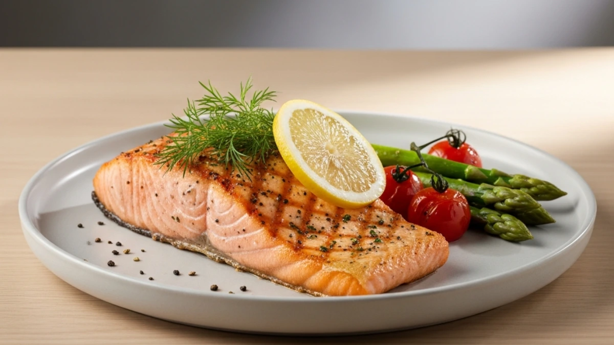 Grilled salmon fillet with lemon, fresh dill, roasted cherry tomatoes, and green asparagus on a light plate on a wooden table.