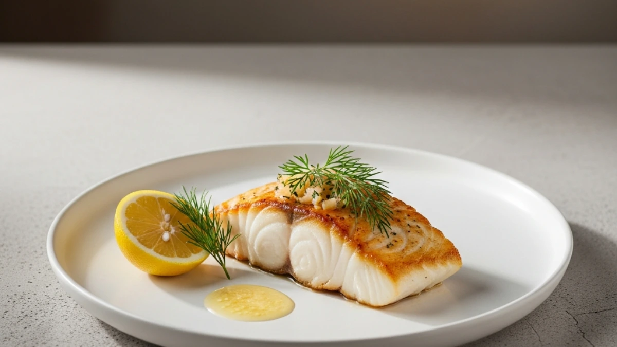 High-quality food photo of Halibut- - wide composition showing the entire dish and surroundings clearly, balanced, minimal branding..