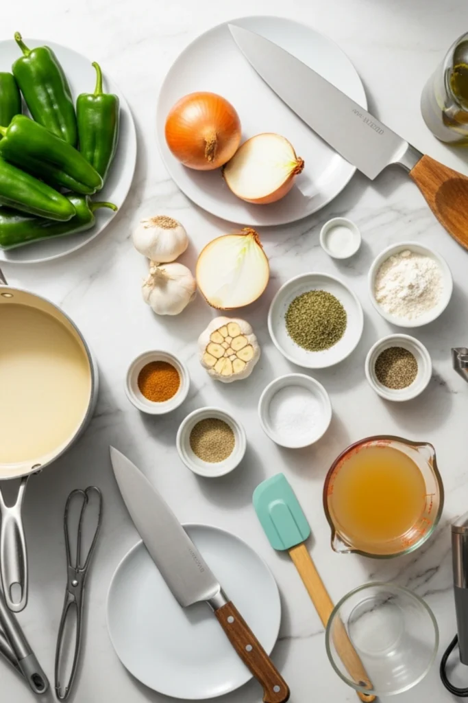 Easy Hatch Green Chile Sauce Recipe – Smoky, Authentic, Ready in 45 Min 1 Hatch green chiles, onion, garlic, cumin, oregano, flour, salt, pepper, chicken broth, olive oil, saucepan, knives, tongs, blender on marble.