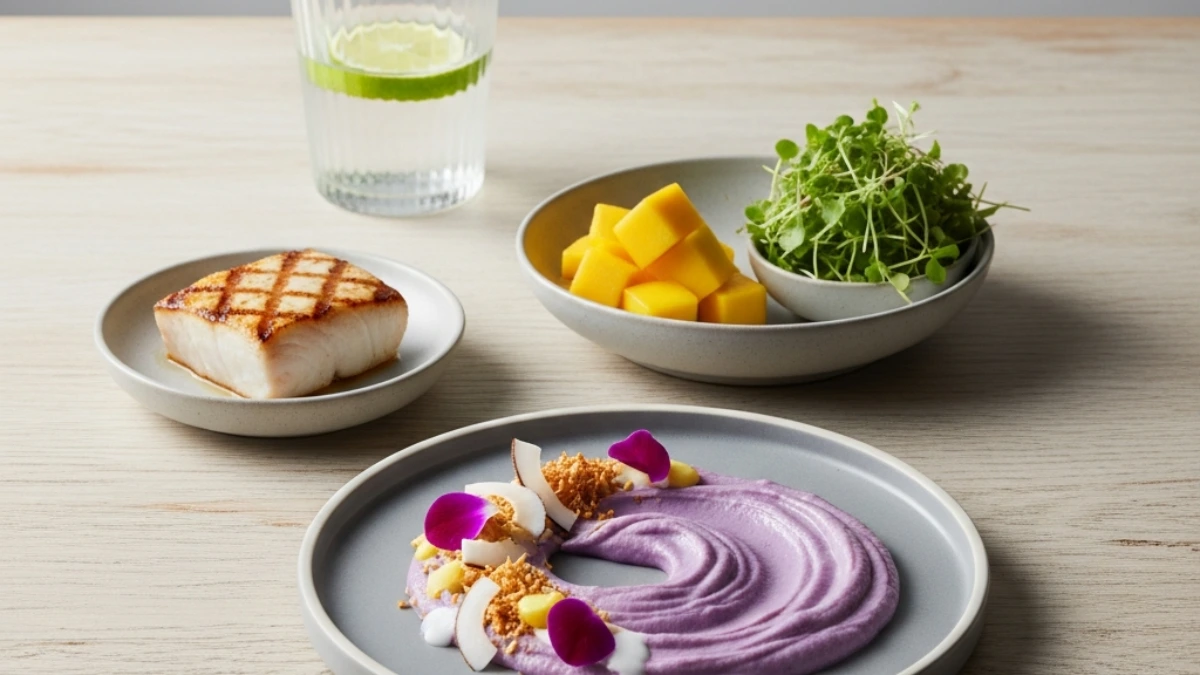 Vibrant Hawaiian meal featuring a purple poi swirl garnished with coconut, mango, and edible flowers, served with grilled white fish, fresh mango cubes, microgreens, and a glass of lime water on a light wooden table.