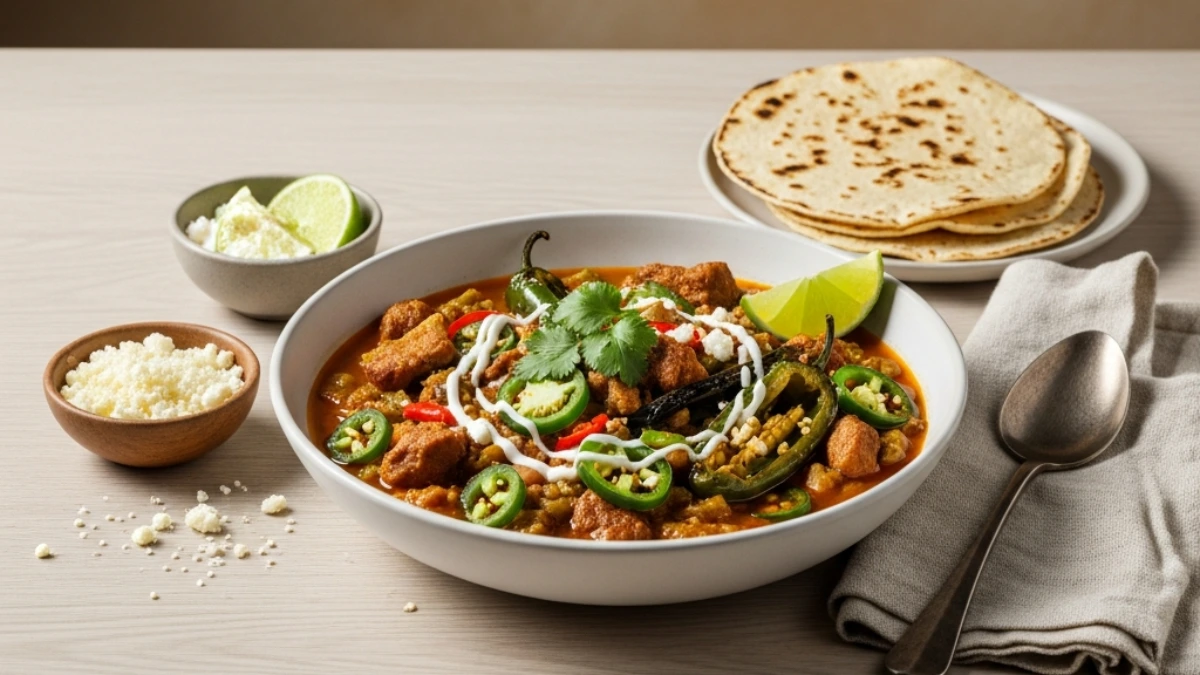 Hearty bowl of green chili with pork, topped with crema, jalapeños, and cilantro, served alongside fresh tortillas and cotija cheese.