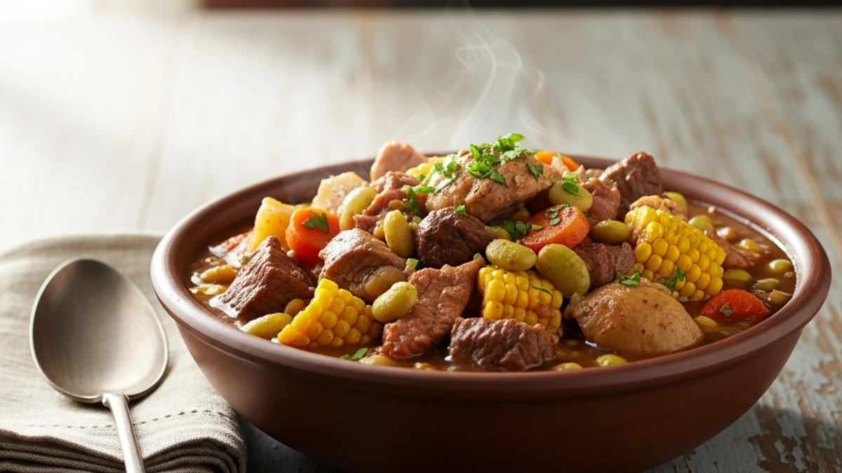 Hearty Burgoo stew with steaming meat, corn, lima beans, and potatoes in a terracotta bowl on a rustic wood surface.