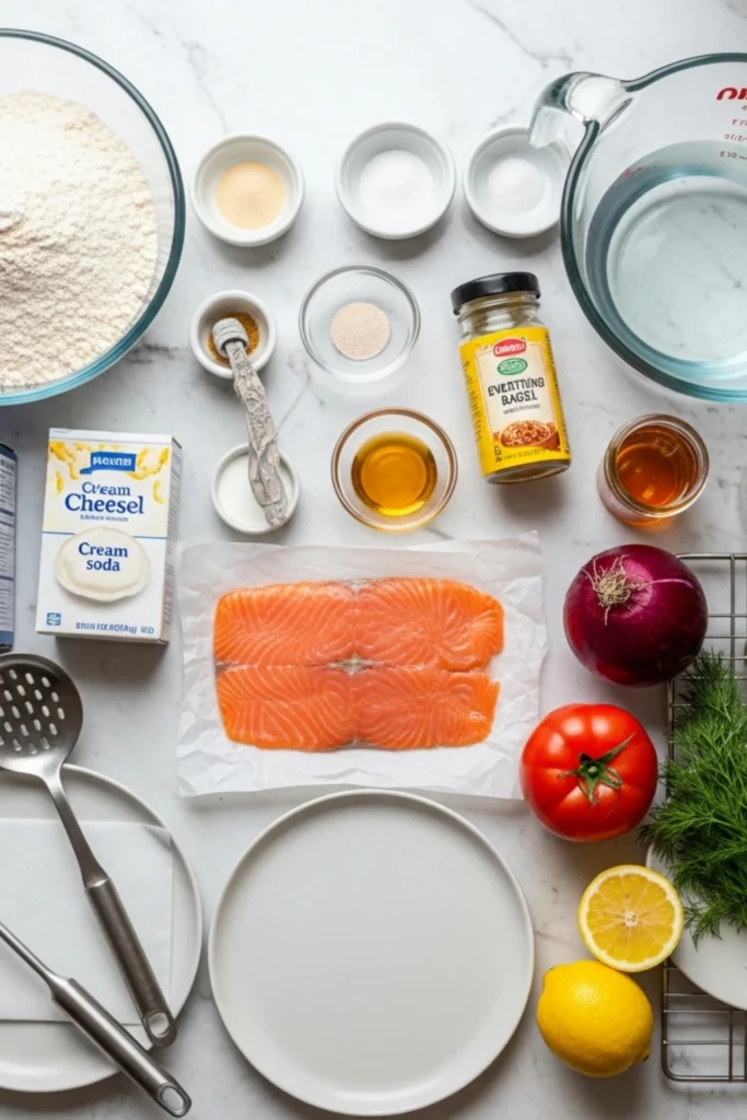 Classic New York Bagels with Lox Recipe 1 Everything Bagel and Lox ingredients flat lay on marble: bread flour, smoked salmon, cream cheese, yeast, capers, dill, and onion.