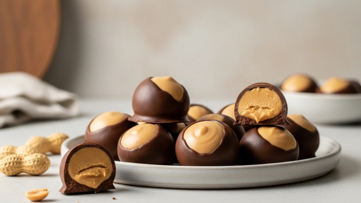 Homemade Buckeyes candy piled on a white plate, featuring creamy peanut butter balls partially dipped in dark chocolate. Whole peanuts sit nearby.