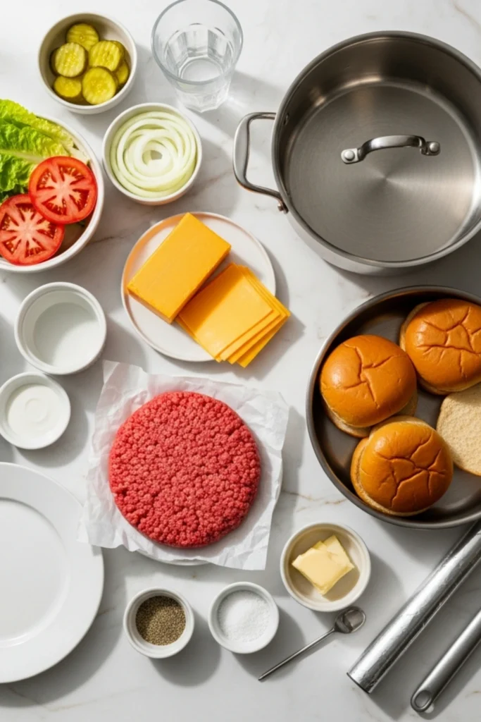 Steamed Cheeseburgers Connecticut's Melt-in-Your-Mouth Secret 1 Cheeseburger ingredients flat lay: 80/20 ground beef, cheddar, buns, fresh toppings, salt, pepper, and cooking tools arranged on white marble.