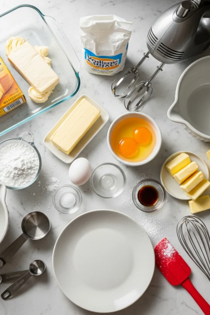 Gooey Butter Cake Recipe (Ridiculously Easy St. Louis Classic) 1 Gooey butter cake ingredients prep on marble: yellow cake mix, cream cheese, butter, eggs, powdered sugar, and electric mixer.
