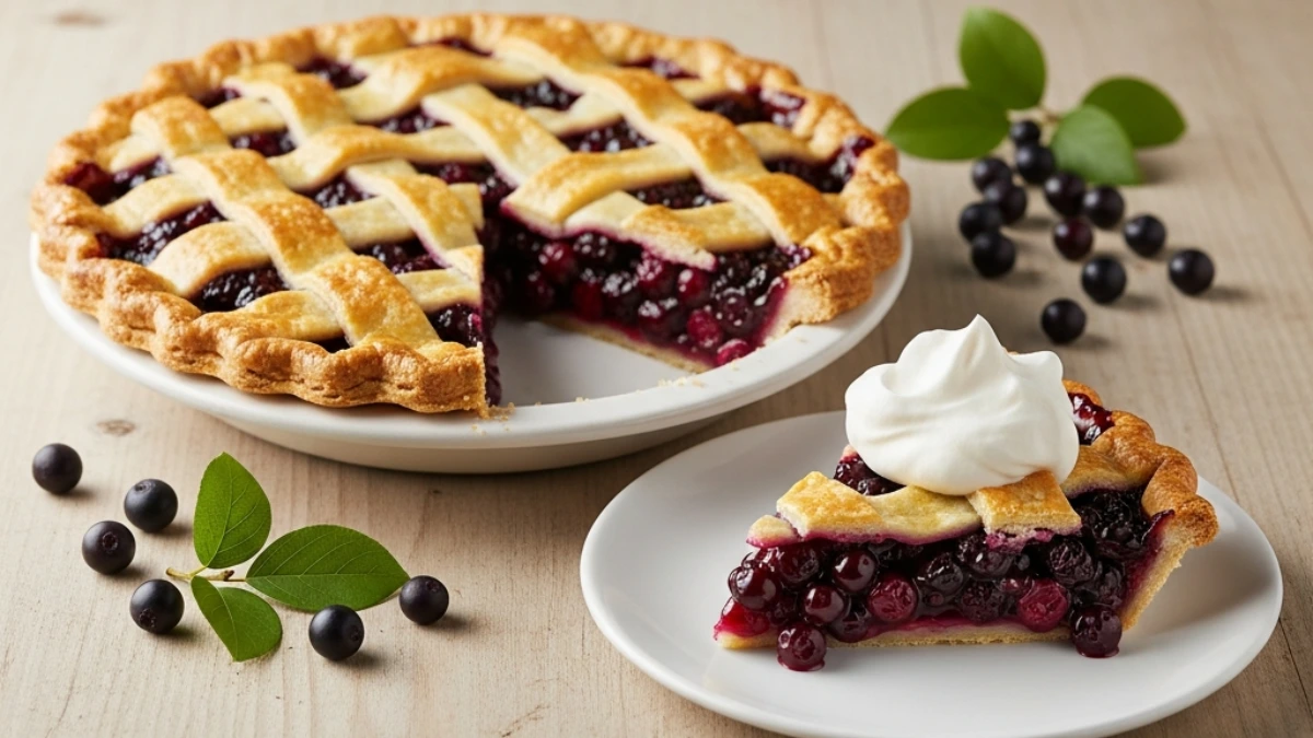 Whole huckleberry pie with golden lattice crust on a white plate, beside a slice topped with whipped cream, surrounded by fresh wild berries.