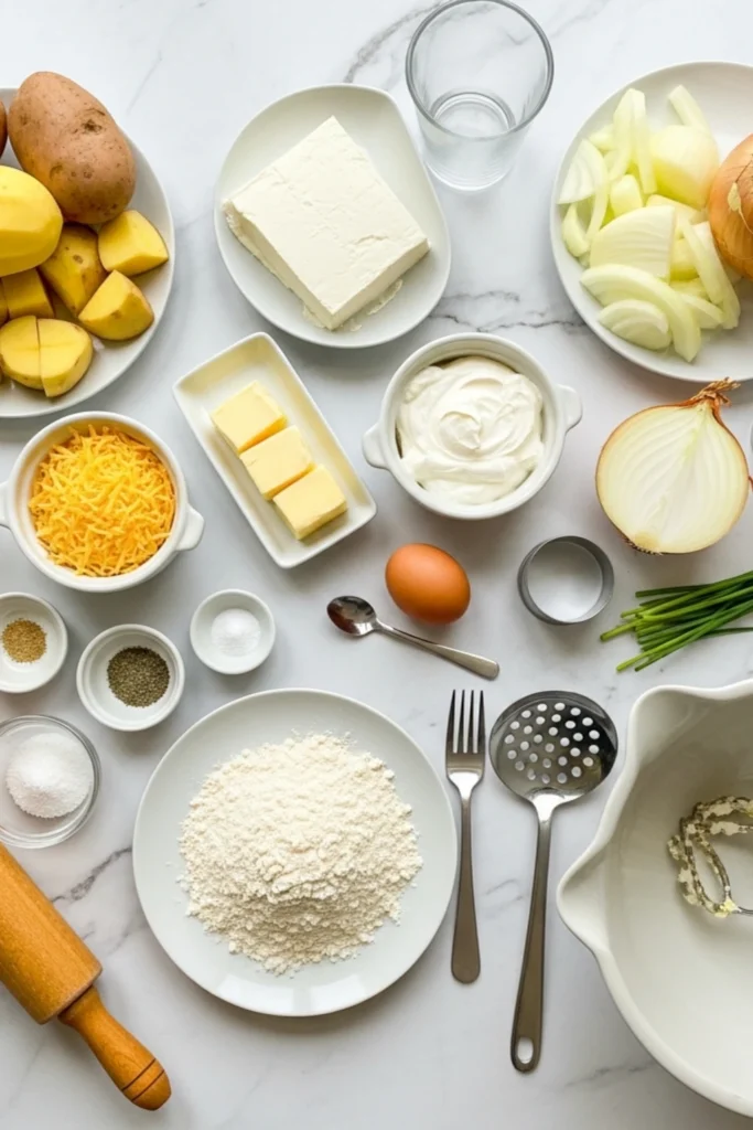 Buttery Homemade Cleveland Pierogies Recipe (Crispy & Comforting) 1 Flat lay: potatoes, cheeses, sour cream, butter, flour, onion, egg, chives, spices, rolling pin, tools for pierogi.