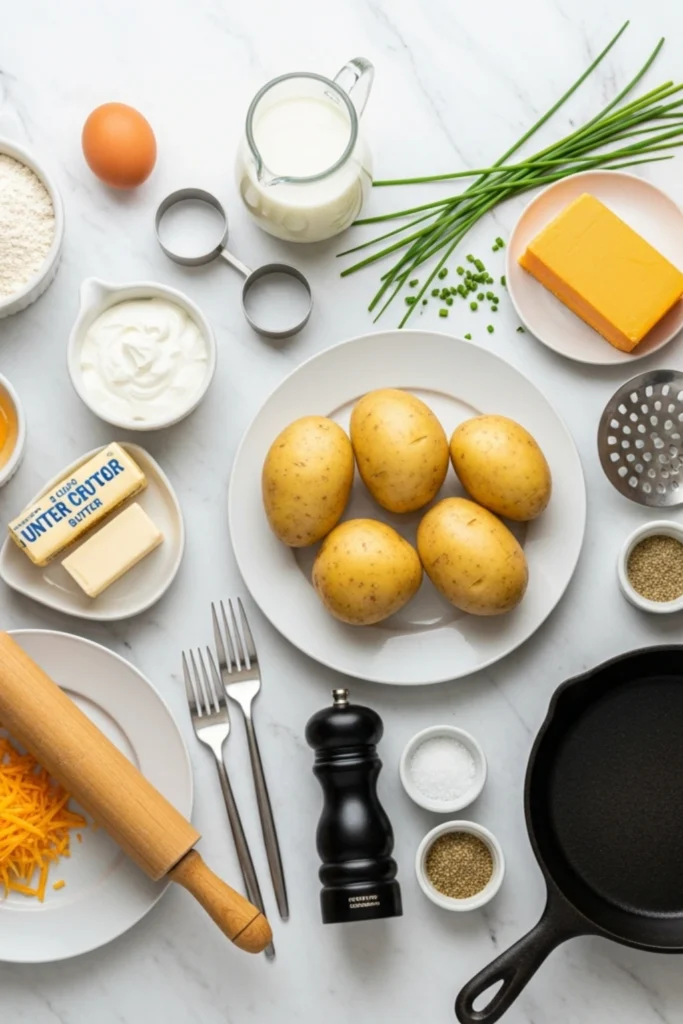 Crispy Homemade Pittsburgh Pierogies Recipe (Buttery & Golden) 1 Top-down flat lay of homemade pierogi ingredients: flour, potatoes, cheddar cheese, butter, milk, egg, sour cream, and spices on a marble counter.