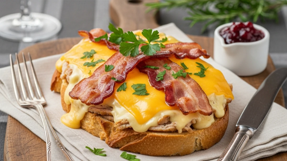 Authentic Kentucky Hot Brown sandwich with turkey, thick melted cheddar cheese, bacon strips, and parsley on toast, served on a wooden board.