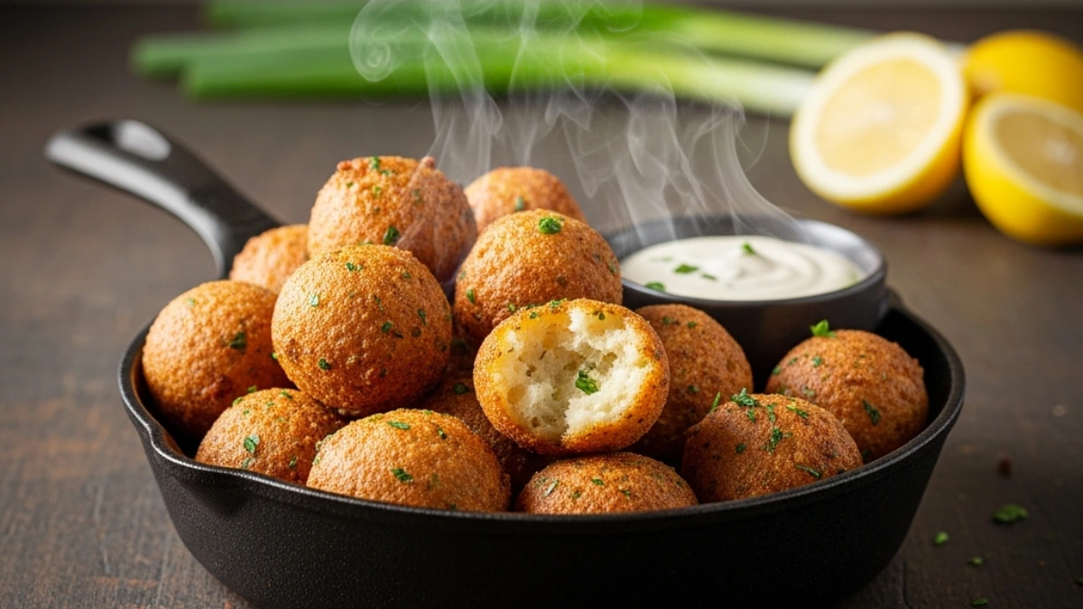 Steaming hot hush puppies in a cast iron skillet with dipping sauce, lemon, and green onions on a wooden table.