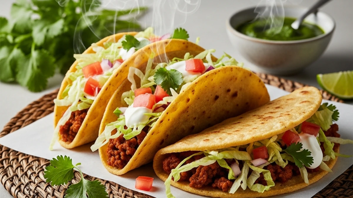 Three steaming Indian tacos with seasoned ground meat, crisp lettuce, tomatoes, onion, sour cream, cilantro, green chutney & lime.