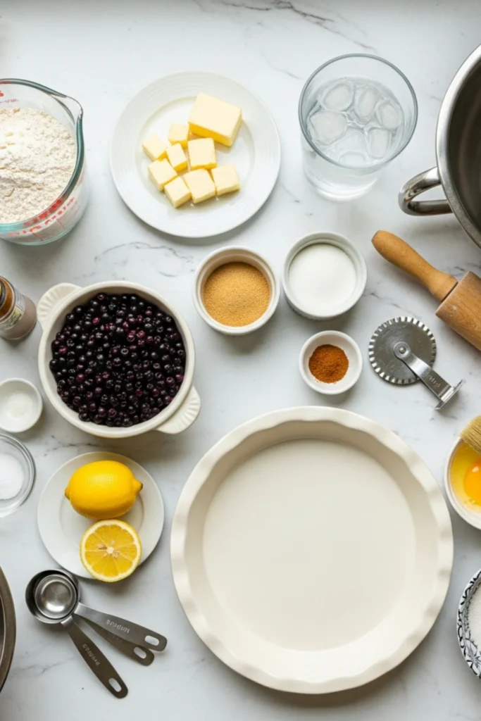 Wild Huckleberry Pie Recipe That Tastes Like Montana Summer 1 Huckleberry pie ingredients flat lay: fresh berries, flour, butter, lemon, sugar, cinnamon, and baking tools on white marble countertop.