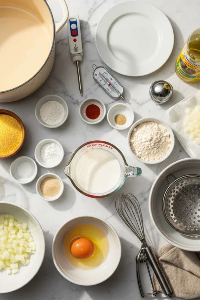 Crispy Southern Hush Puppies Recipe Ready in 30 Min 1 Hush puppy ingredients & tools flat lay. Cornmeal, flour, buttermilk, egg, onion, oil, spices, pot, fryer thermometer, whisk on marble.