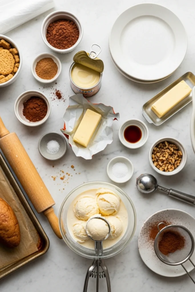 No-Bake Easy Ice Cream Potato Recipe Ready in 30 Min 1 Ingredients for an ice cream potato dessert arranged on marble: biscuits, cocoa, condensed milk, butter, ice cream, walnuts, and essential tools.