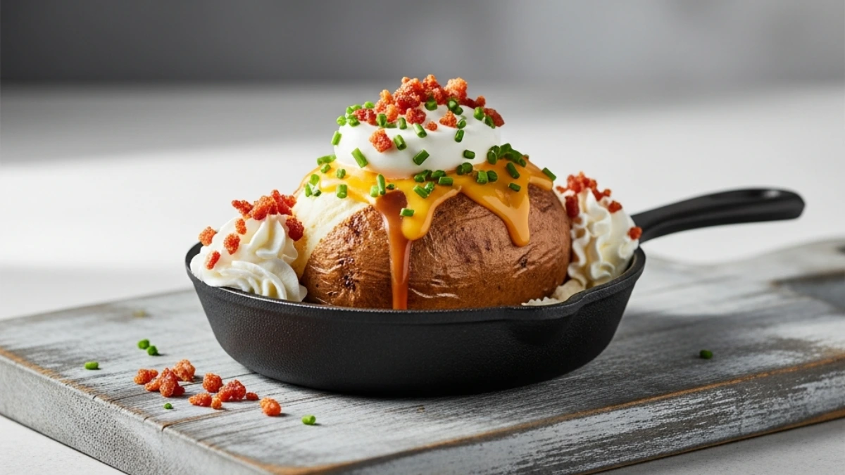 Savory 'ice cream potato' baked in a skillet, topped with sour cream, cheese sauce, chives, and crispy bacon.