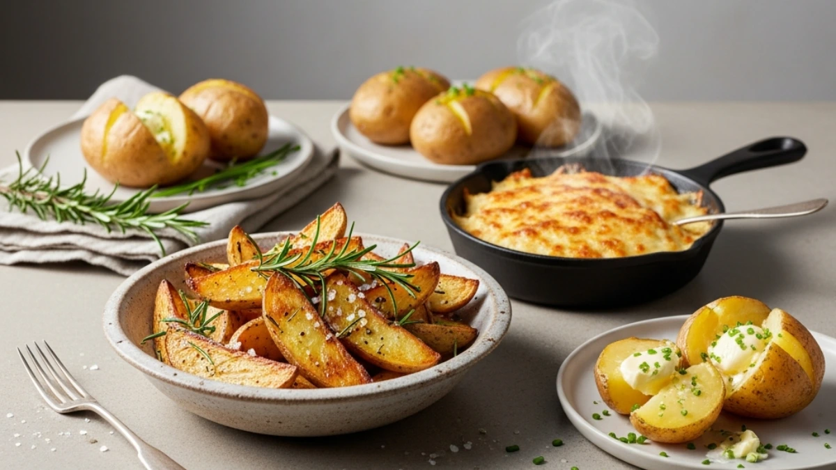 Versatile Idaho potato spread: roasted rosemary wedges, creamy baked potatoes with chives, and hot, bubbling skillet of cheesy potato gratin.