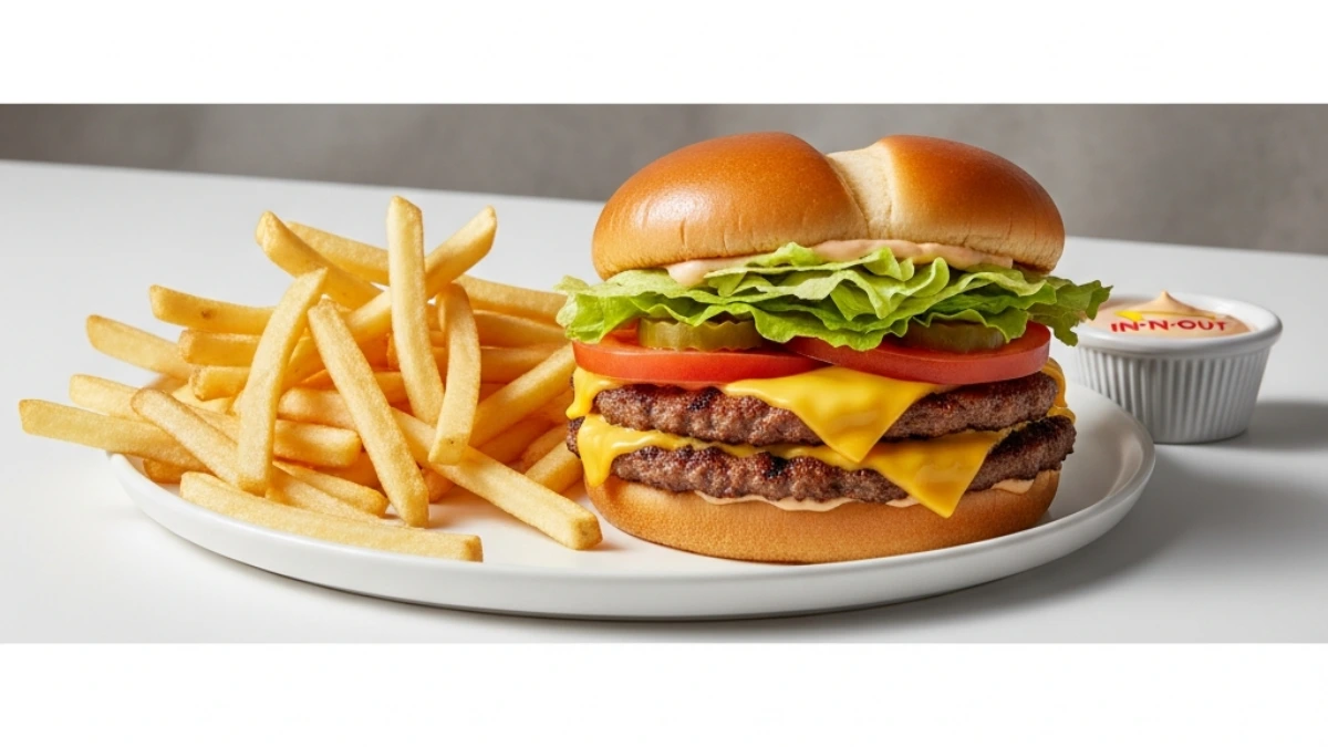Classic In-N-Out Double-Double burger with two patties, cheese, lettuce, tomato, and spread, served with golden french fries and a side of In-N-Out sauce on a white plate.