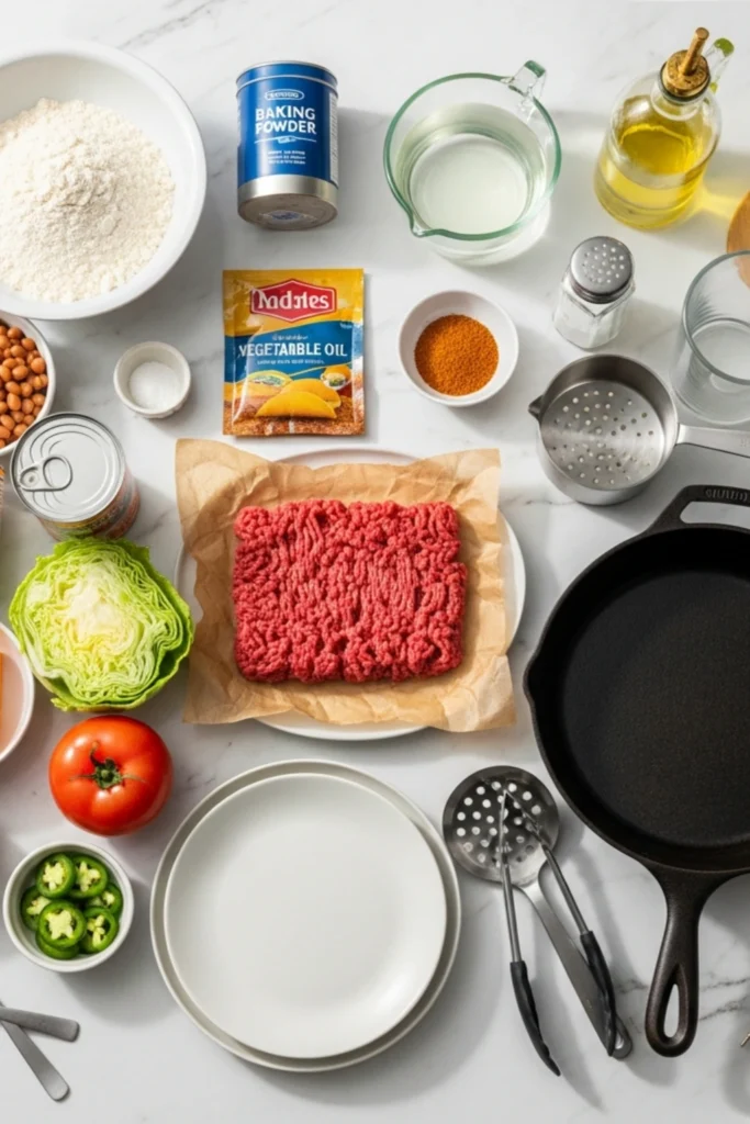 Easy Homemade Indian Tacos Recipe (Navajo Tacos) Ready in 40 Min 1 Top-down shot of Indian/Navajo Taco ingredients & tools: ground beef, flour, cheese, beans, lettuce, tomato, sour cream, jalapeños, spices, skillet, measuring tools on white marble.