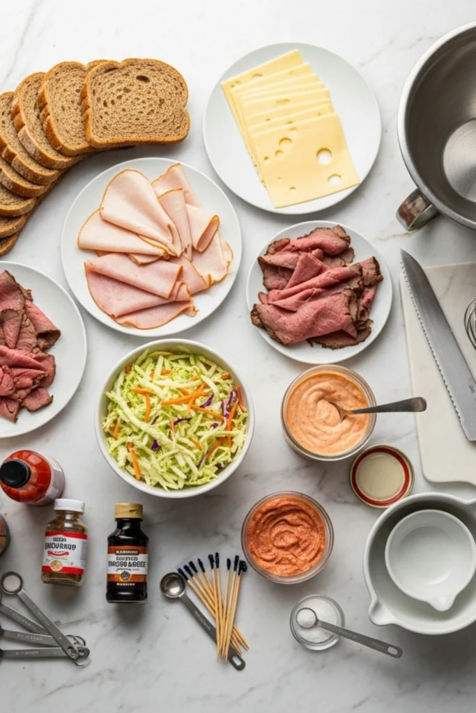 Jersey Sloppy Joe Recipe The Deli Classic Ready in 20 Min 1 Flat lay of Jersey Sloppy Joe sandwich ingredients: rye bread, deli meats, Swiss cheese, coleslaw mix, Russian dressing, and tools on marble.