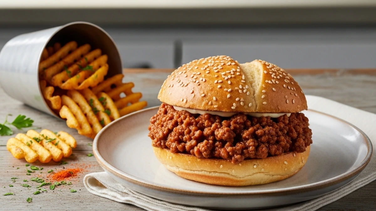A hearty Jersey sloppy joe on a sesame bun, brimming with savory meat, served alongside crispy seasoned waffle fries on a rustic wooden table.