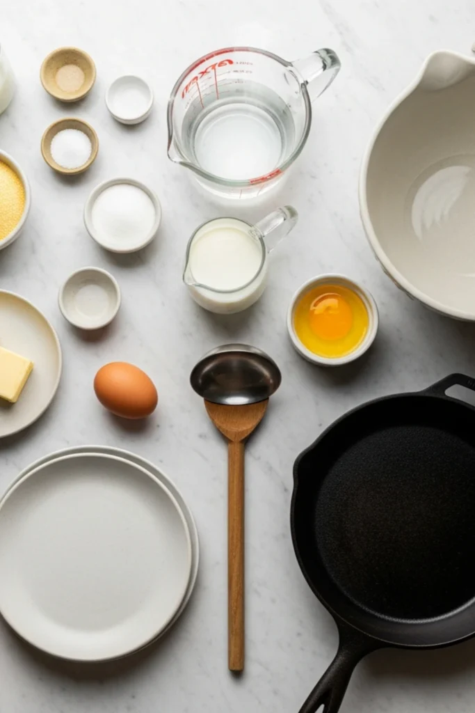 Crispy Johnnycakes Recipe (Easy Cornmeal Pancakes in 20 Min) 1 Flat lay of Johnnycake ingredients & tools on white marble. Cornmeal, butter, egg, milk, water, sugar, salt, skillet, mixing bowl, spatula, gold spoons.