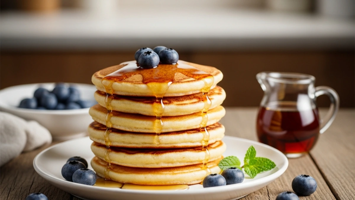 Stack of fluffy golden Johnnycakes topped with fresh blueberries, dripping maple syrup, and a mint garnish on a wooden table.