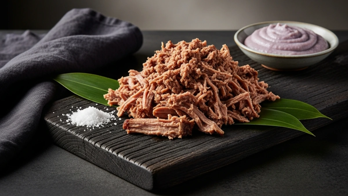 Piled shredded Kalua pork served on a dark wood board with taro leaves, accompanied by a small bowl of purple poi and Hawaiian sea salt.