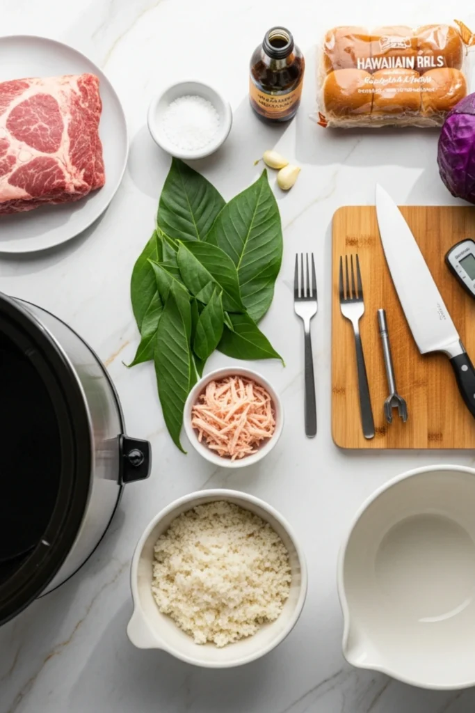 One-Pot Kalua Pork Recipe That's Better Than Takeout 1 Slow cooker Kalua Pig prep: Raw pork shoulder, ti leaves, Hawaiian salt, liquid smoke, Hawaiian rolls, rice, and cooking tools arranged on marble.