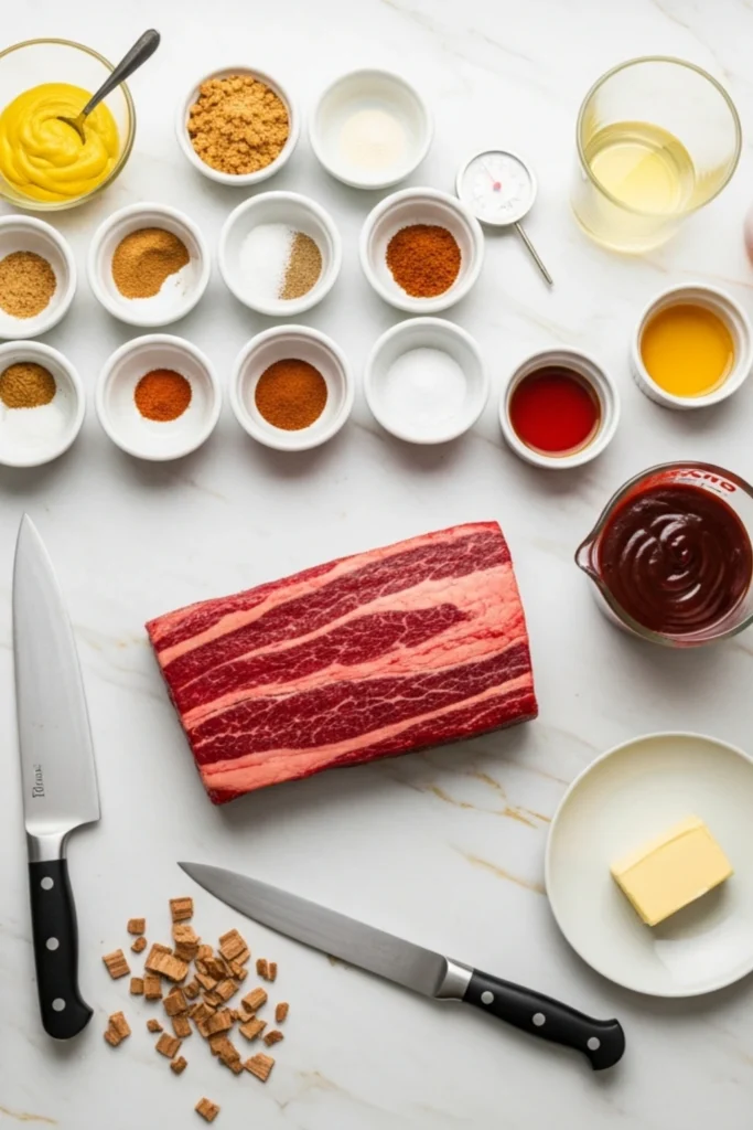 Smoky Kansas City BBQ Burnt Ends Recipe in 8 Hours 1 Overhead flat lay of all ingredients for Kansas City BBQ burnt ends: raw brisket point, KC sauce, dry rub spices, butter, mustard, and hickory chips.