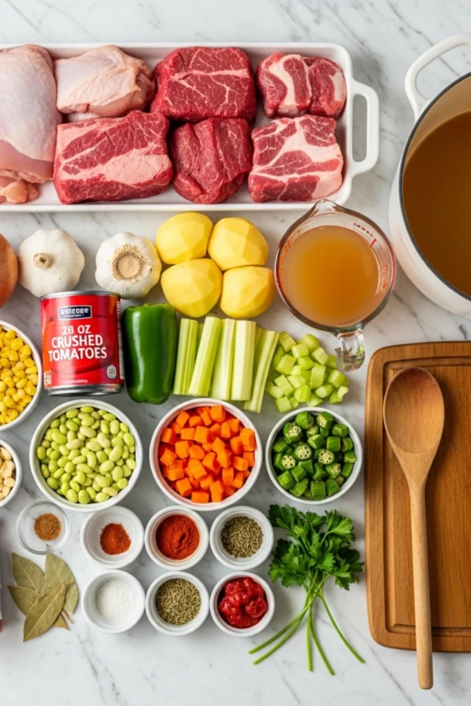 Thick Kentucky Burgoo Recipe in 3 Hours 1 Raw meat, vegetables, and seasonings for Kentucky Burgoo stew laid out on white marble countertop with Dutch oven.