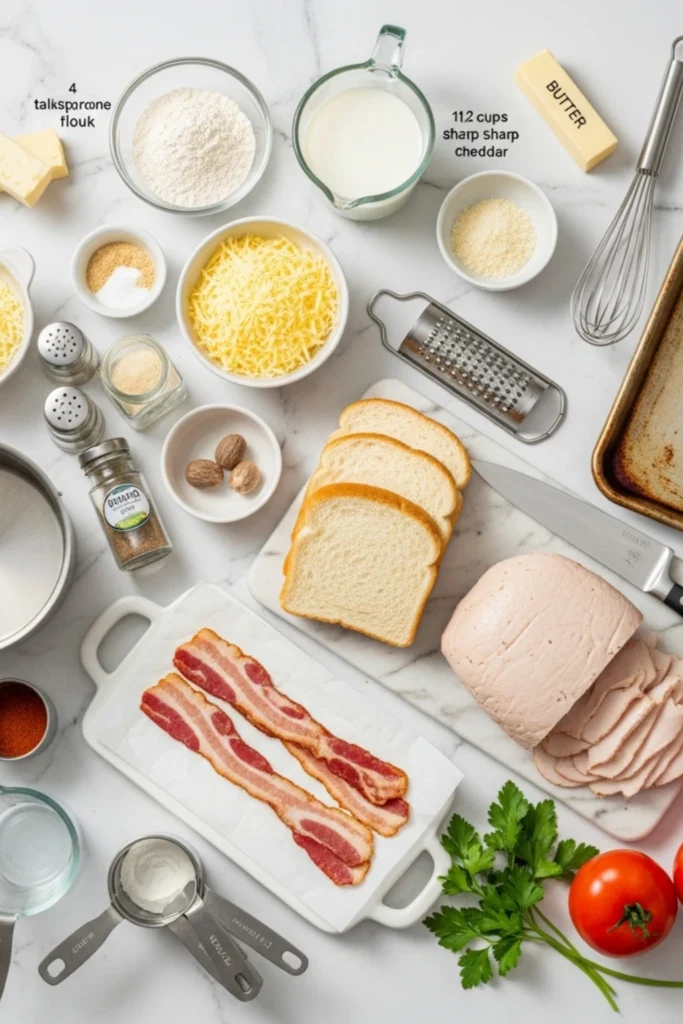 Buttery Hot Brown Sandwich Recipe in 30 Min 1 Kentucky Hot Brown sandwich ingredients flat lay with turkey, Texas toast, sharp cheddar, bacon, and sauce elements on marble.
