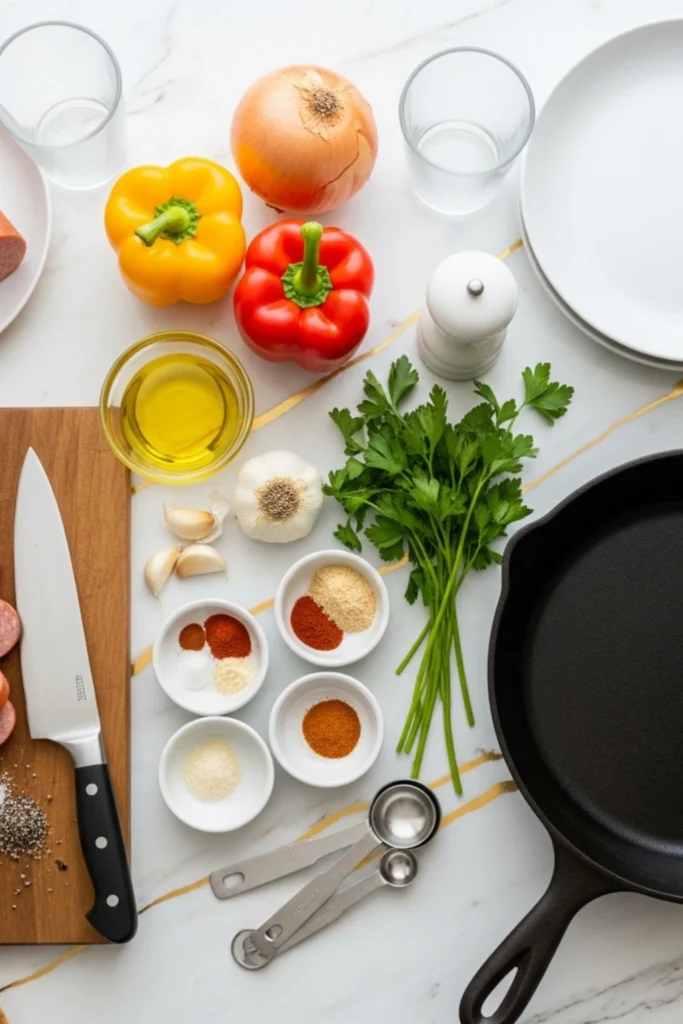 One-Pan Smoked Sausage Recipe Ready in 30 Minutes 1 Overhead flat lay of smoked sausage (kielbasa), bell peppers, onion, spices, and cast iron skillet on a marble counter, ready for a quick meal prep.