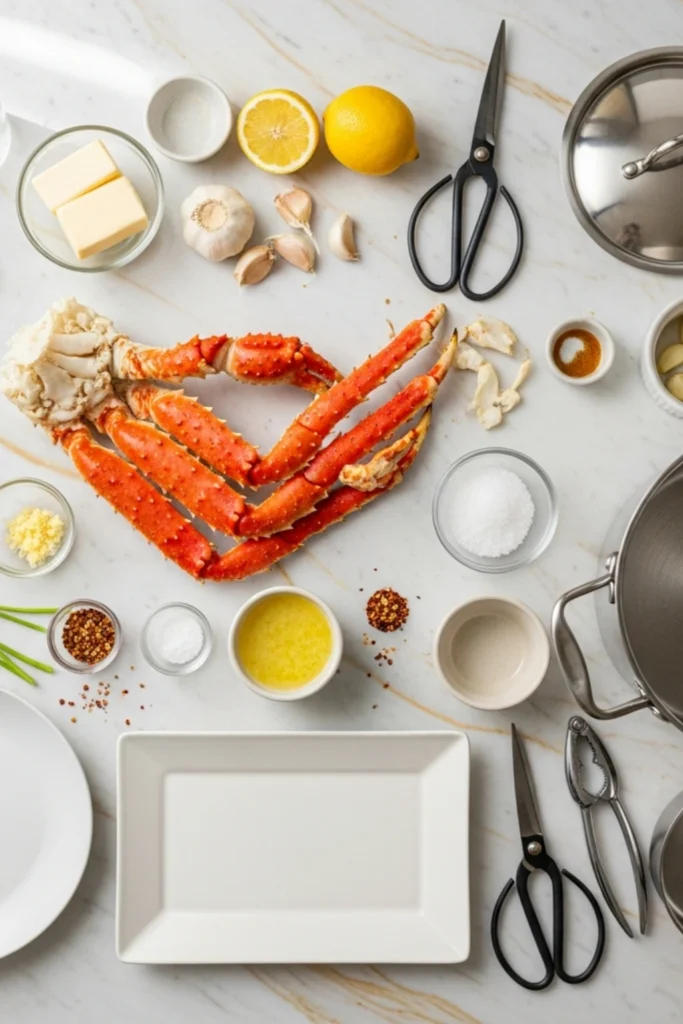 Buttery King Crab Recipe Ready in 15 Minutes 1 Overhead flat lay of bright king crab legs, butter, garlic, lemon, and spices on marble. Includes cooking tools like a stockpot, shears, and nutcracker.