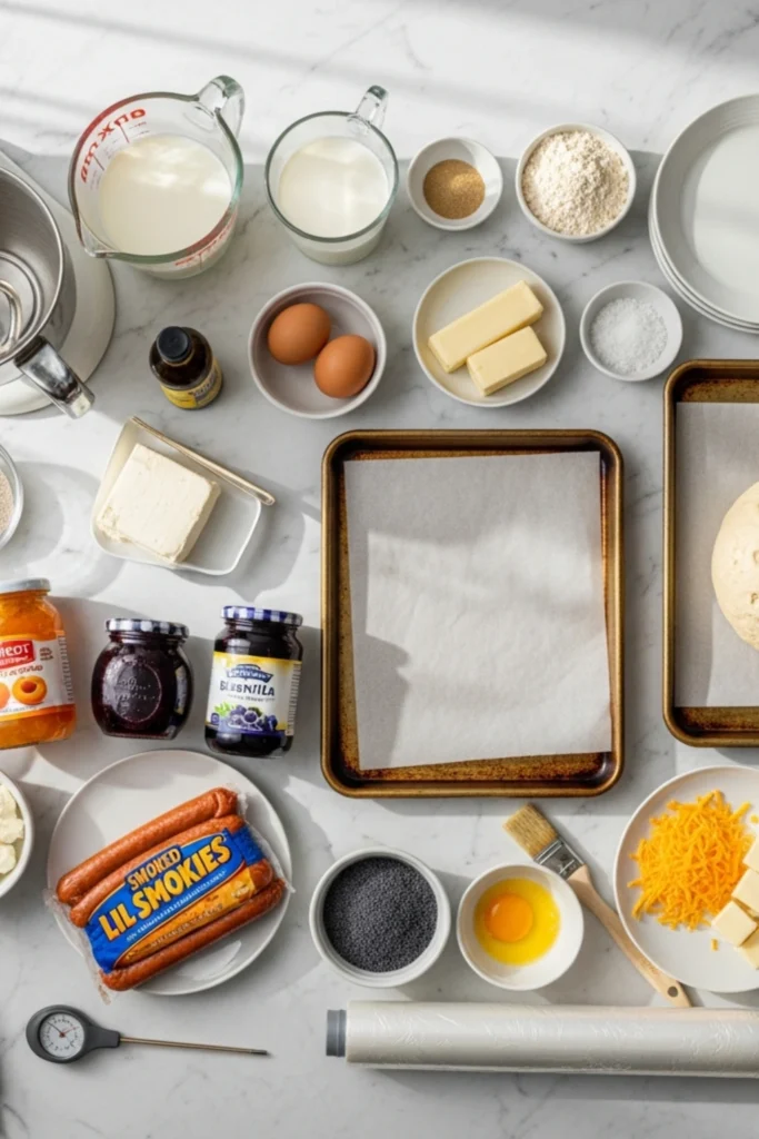 Fluffy Homemade Kolaches Recipe Ready in Under 2 Hours 1 Overhead flat lay of kolache baking ingredients and tools on white marble. Includes flour, eggs, milk, yeast, jams, cheese, sausages, and KitchenAid mixer.