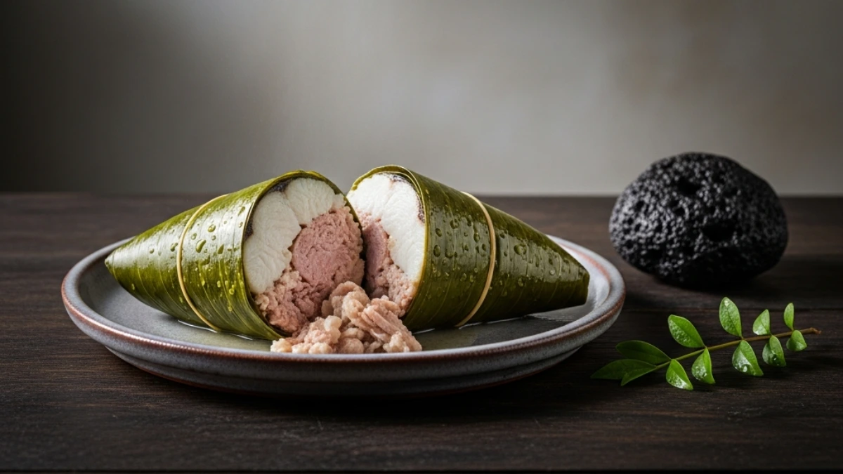 High-quality food photo of Lau lau - wide composition showing the entire dish and surroundings clearly, balanced, minimal branding..