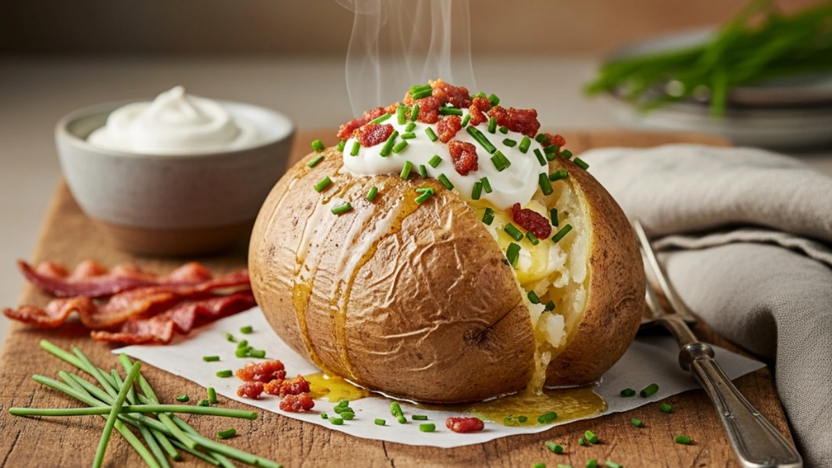 Steaming baked potato topped with melted butter, sour cream, crispy bacon bits, and fresh chives, displayed on a rustic wooden board.