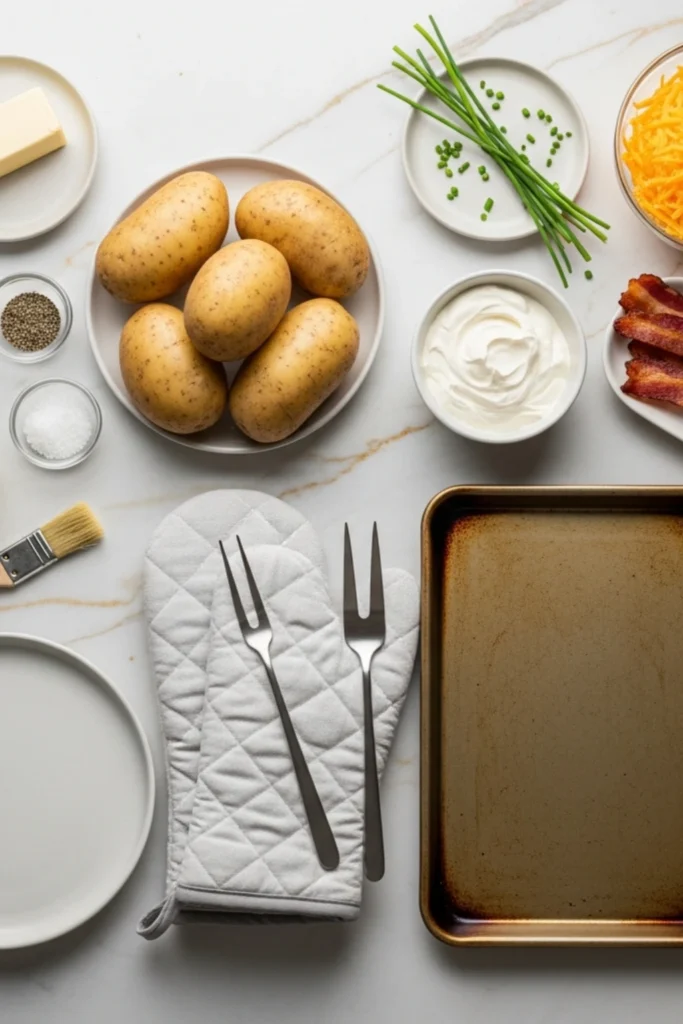 The Perfect Baked Potato Recipe (Crispy Skin in 60 Min) 1 Overhead prep layout for perfect baked potatoes: russets, salt, oil, baking sheet, mitts, sour cream, bacon, cheddar, and chives on marble.