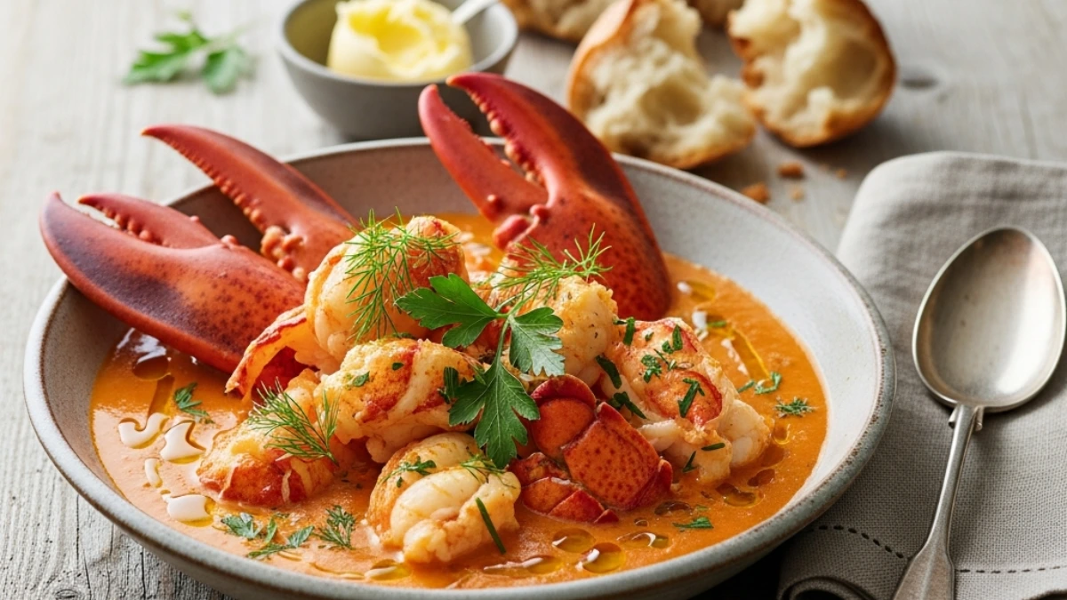 Luxurious lobster stew in a bowl, featuring tender lobster meat and whole claws in a rich orange broth, garnished with fresh herbs, served with crusty bread and butter on a rustic wooden table.